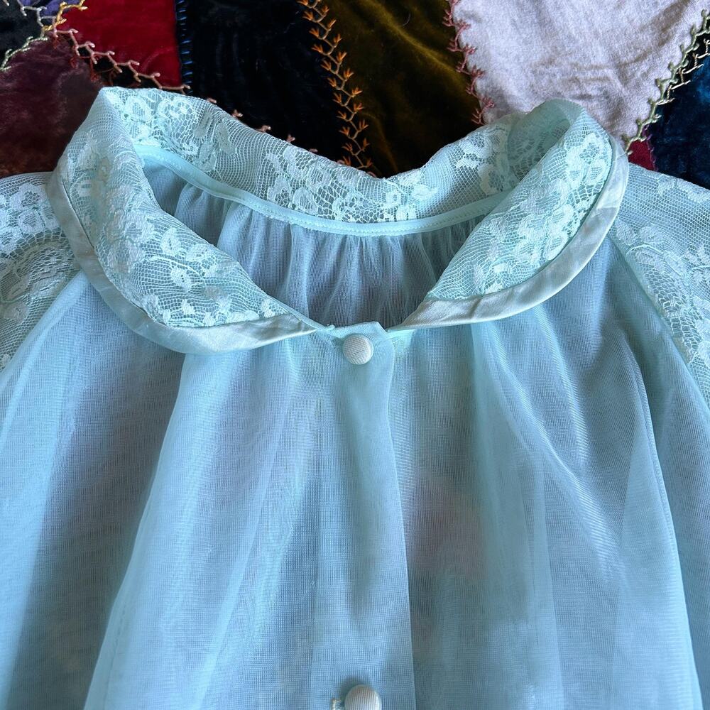 Vintage 50s/60s Baby Blue Lace Puff Sleeve Sheer Chiffon Trapeze Bed Jacket M - Picture 3 of 8